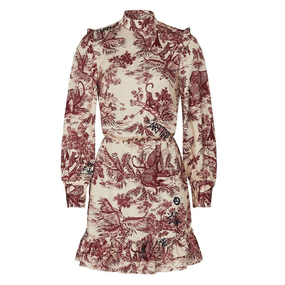 Zadig & Voltaire Toile de Jouy Ruffle Tiered Mini Dress Burgundy Cream Italy XS